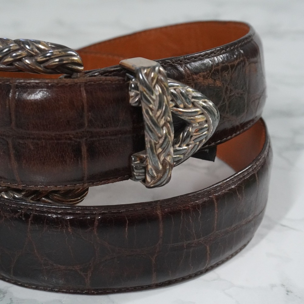 VTG Brighton Brown Crocodile Embossed Leather Belt Silver Braided Buckle M 47209 - Picture 2 of 8